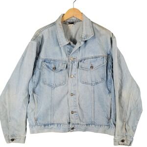 Vintage 90s Saugatuck Large 100% Cotton Denim Trucker Jacket Distressed Grunge